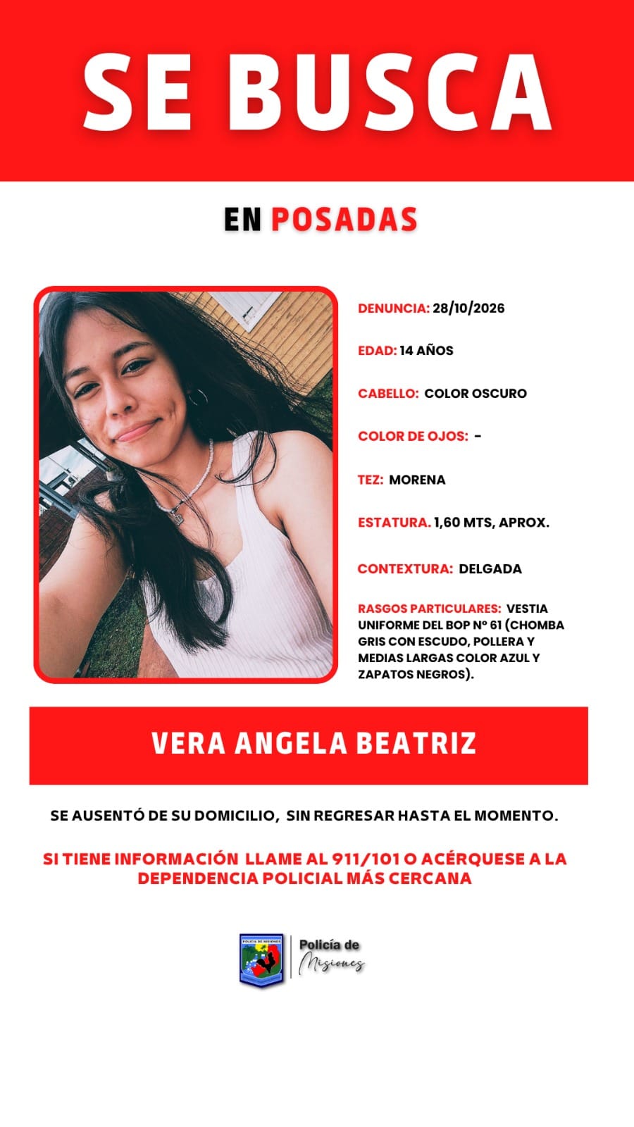 Posadas: buscan desesperadamente a una adolescente de 14 años que fue a la escuela y no regresó